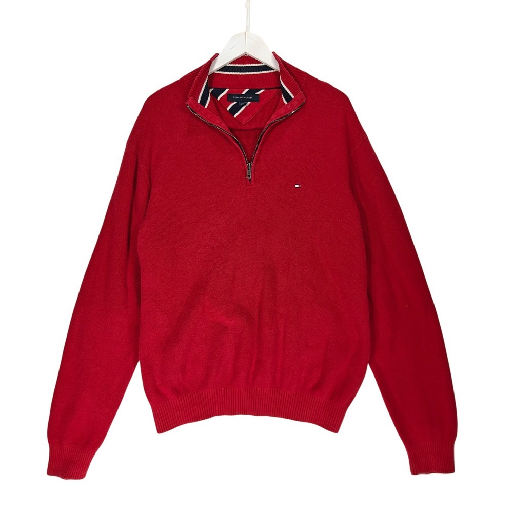Tommy Hilfiger Mens Red Quarter Zip Cotton Knit Sweater Large Flag Logo Striped